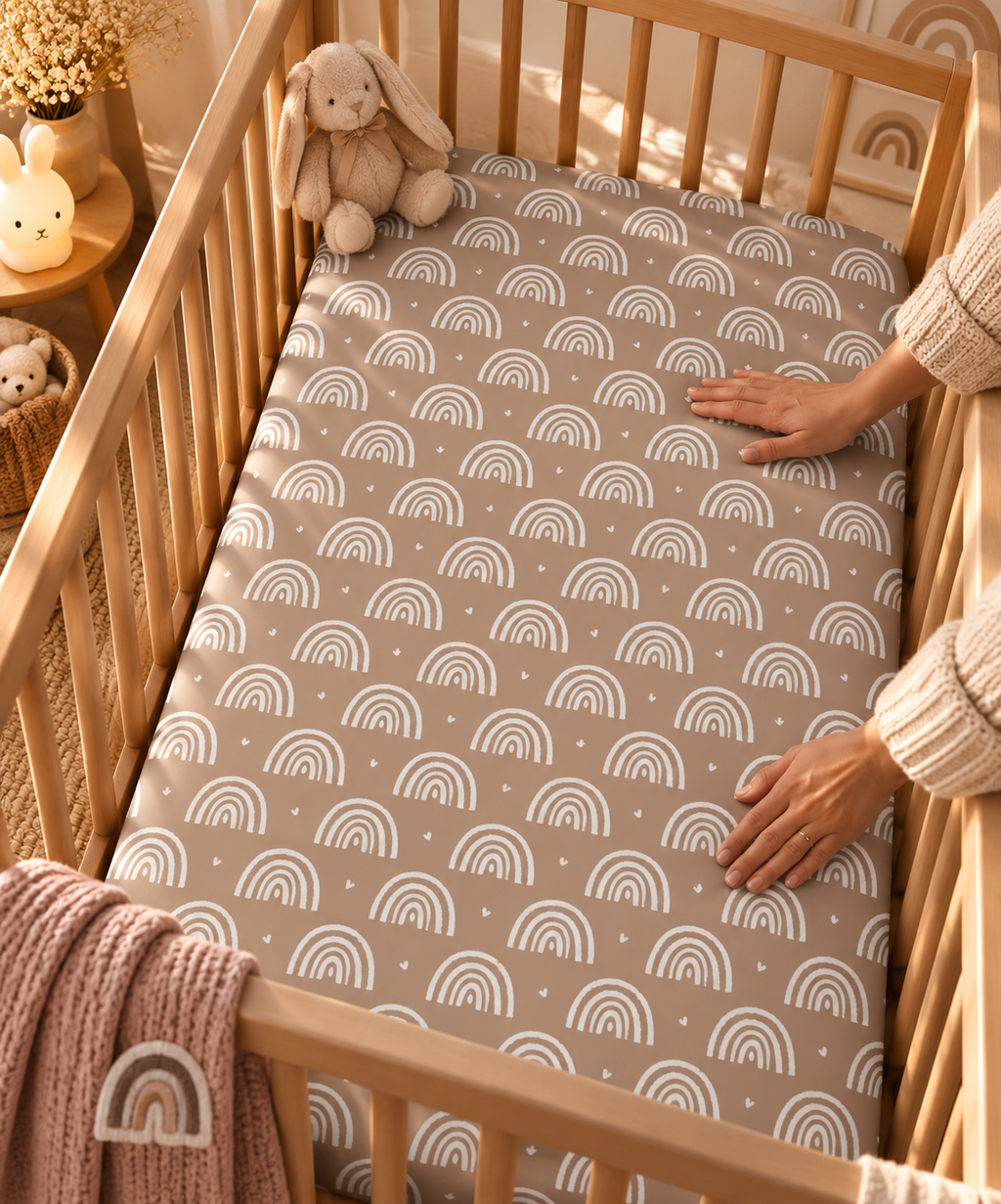 Hands smoothing the Mauve Boho Rainbow Crib Sheet over a crib mattress