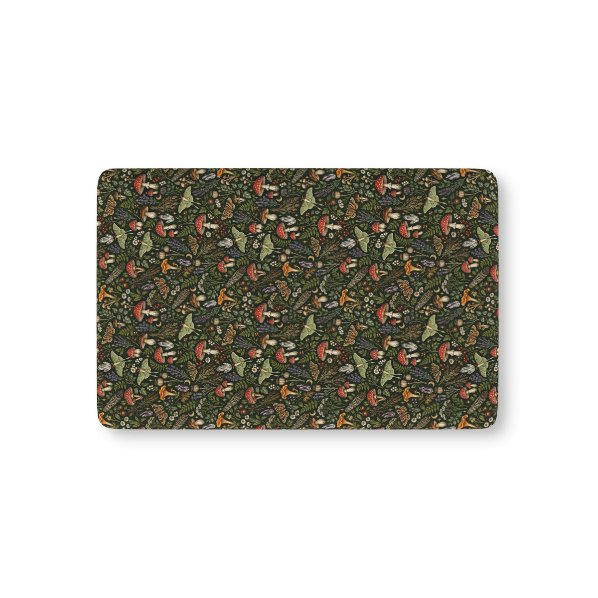 Mushroom Woodland Crib Sheet laid flat in Mini size with red mushrooms, ferns and luna moths on deep green
