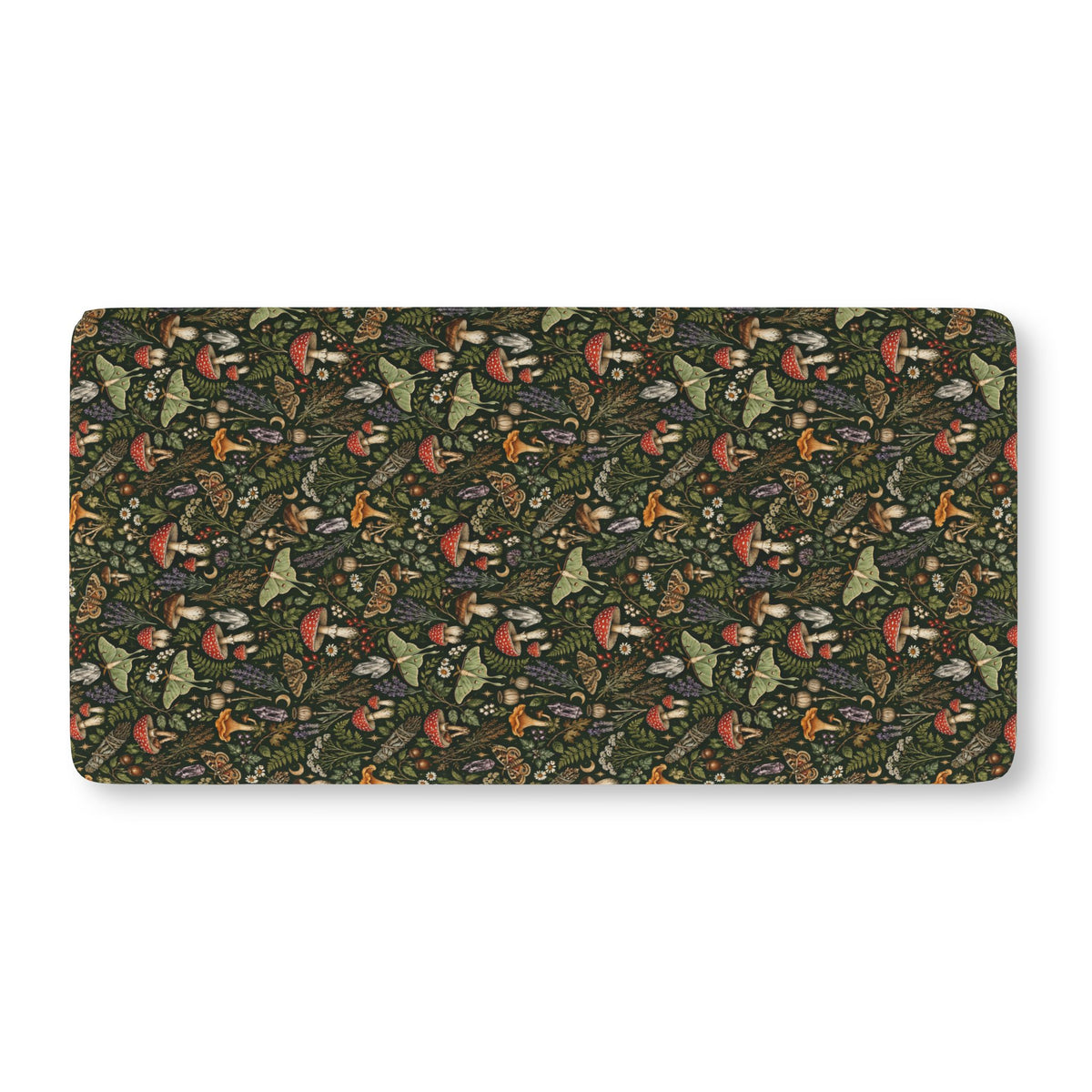 Mushroom Woodland Crib Sheet laid flat in Standard size with red mushrooms, ferns and luna moths on deep green