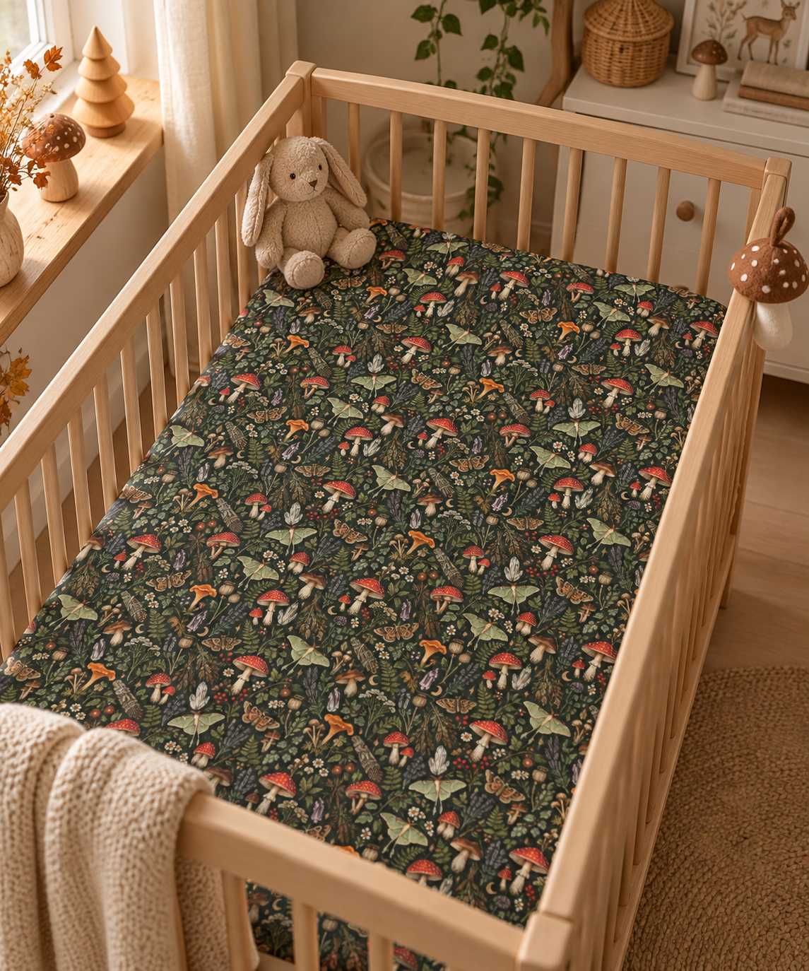 Mushroom Woodland Crib Sheet on a wooden crib mattress in a woodland nursery