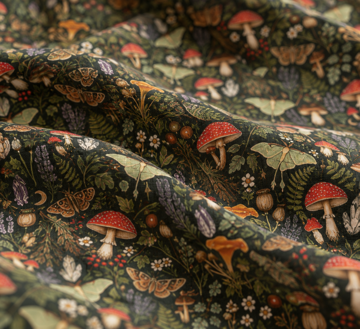 Close-up of the Mushroom Woodland Crib Sheet fabric showing red mushrooms, ferns and luna moths on deep green