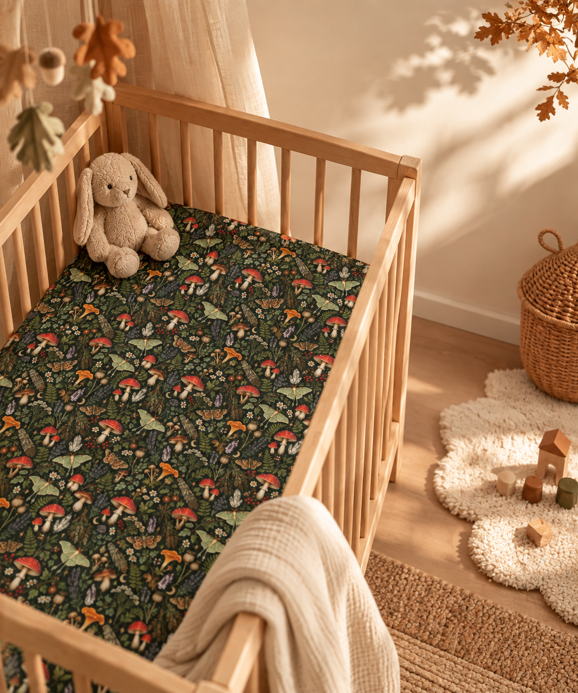 Mushroom Woodland Crib Sheet in a wooden crib in a sunlit nursery
