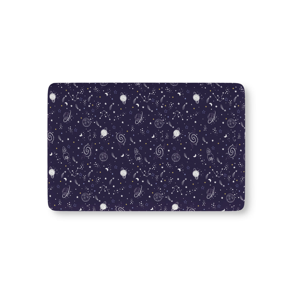 Navy Space Crib Sheet laid flat in Mini size with white planets, moons, rockets and stars on navy