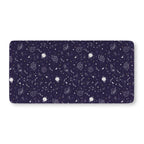 Navy Space Crib Sheet laid flat in Standard size with white planets, moons, rockets and stars on navy