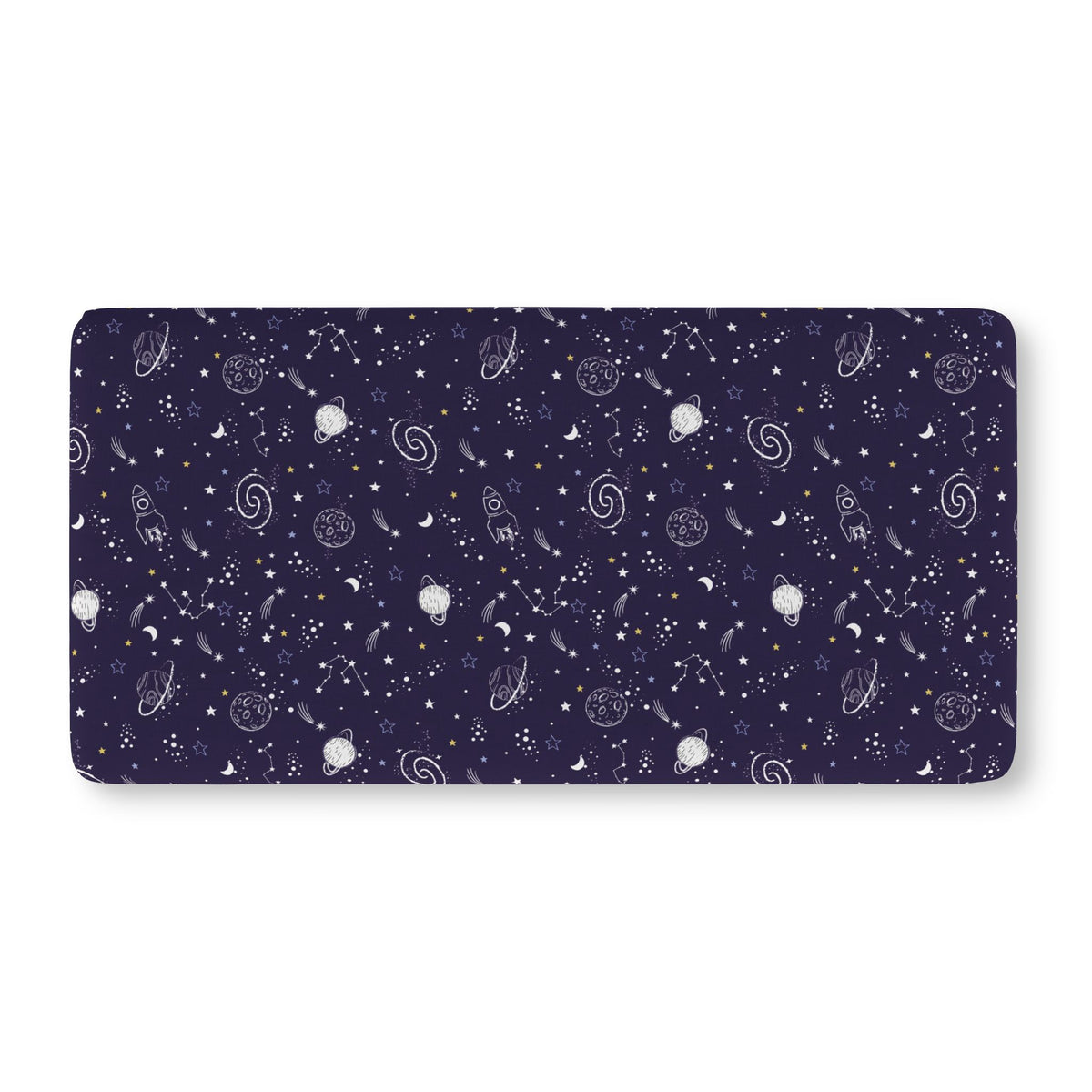 Navy Space Crib Sheet laid flat in Standard size with white planets, moons, rockets and stars on navy