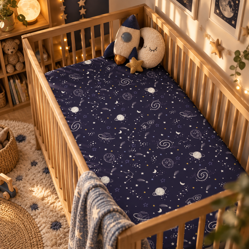 Navy Space Crib Sheet on a wooden crib mattress in a space nursery