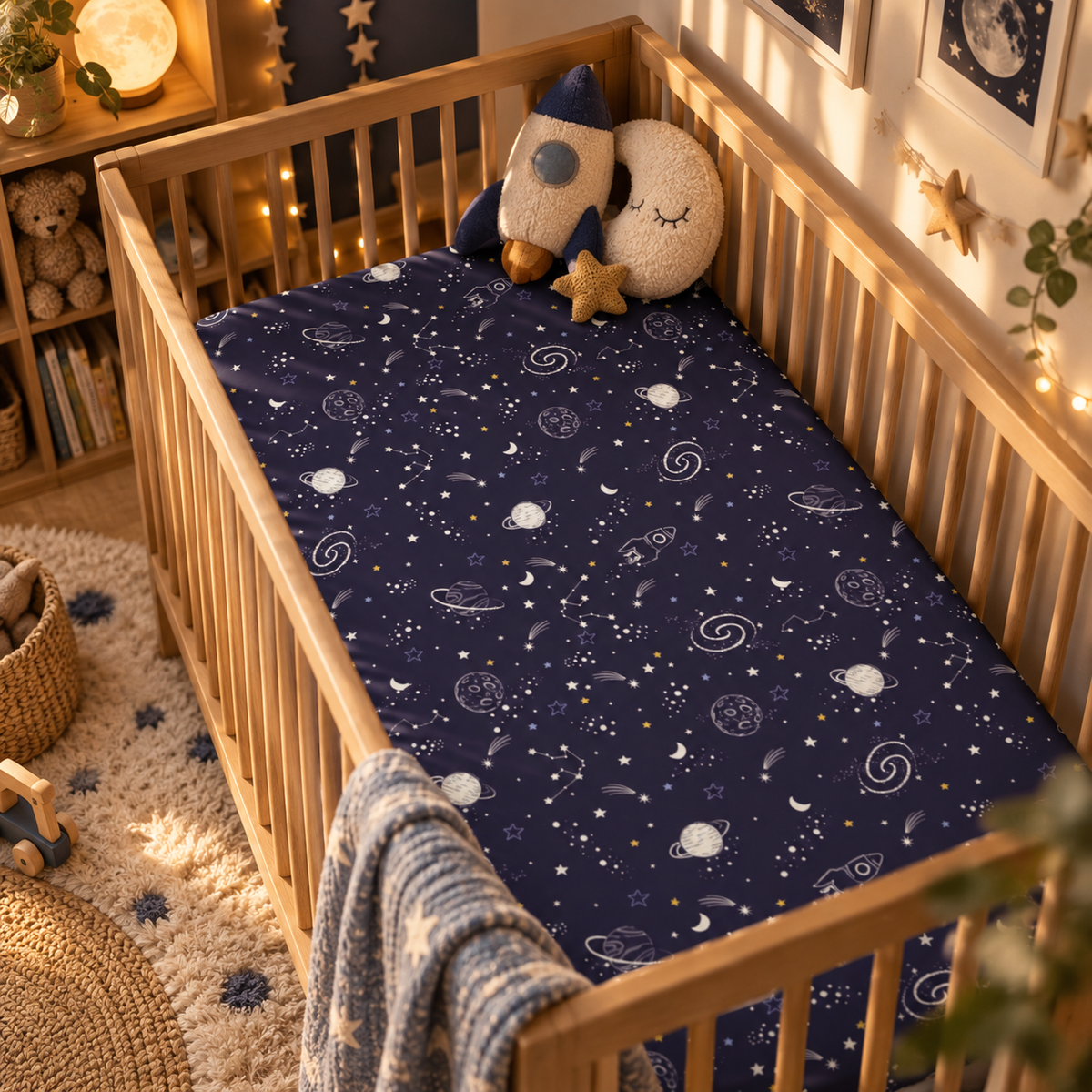 Navy Space Crib Sheet on a wooden crib mattress in a space nursery