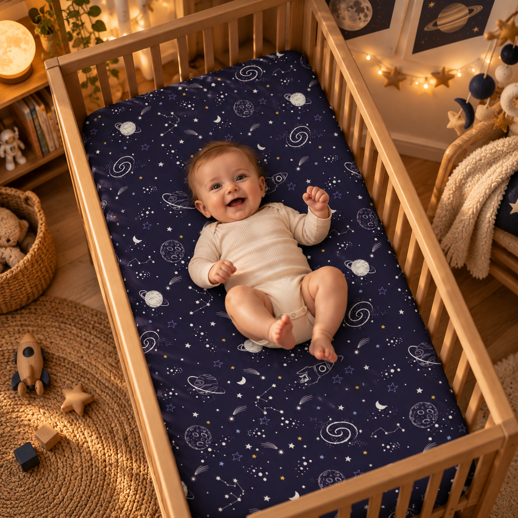 Smiling baby lying on the Navy Space Crib Sheet