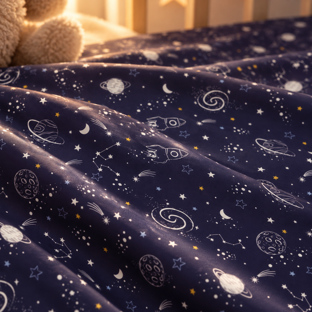 Close-up of the Navy Space Crib Sheet fabric showing white planets, moons, rockets and stars on navy