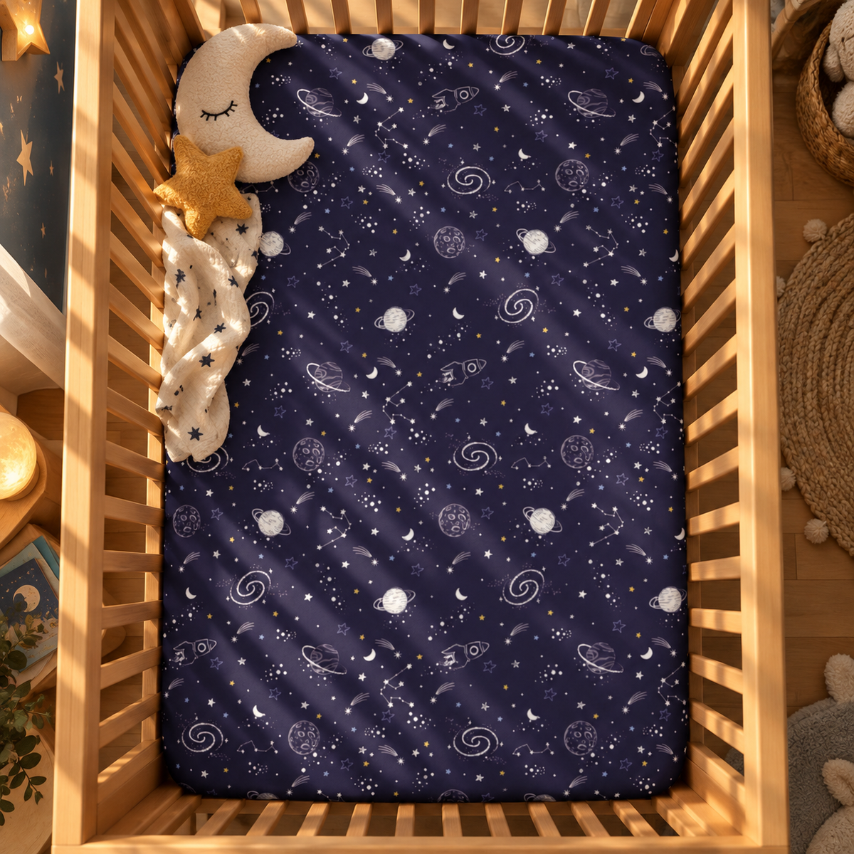 Navy Space Crib Sheet seen from above in a wooden crib