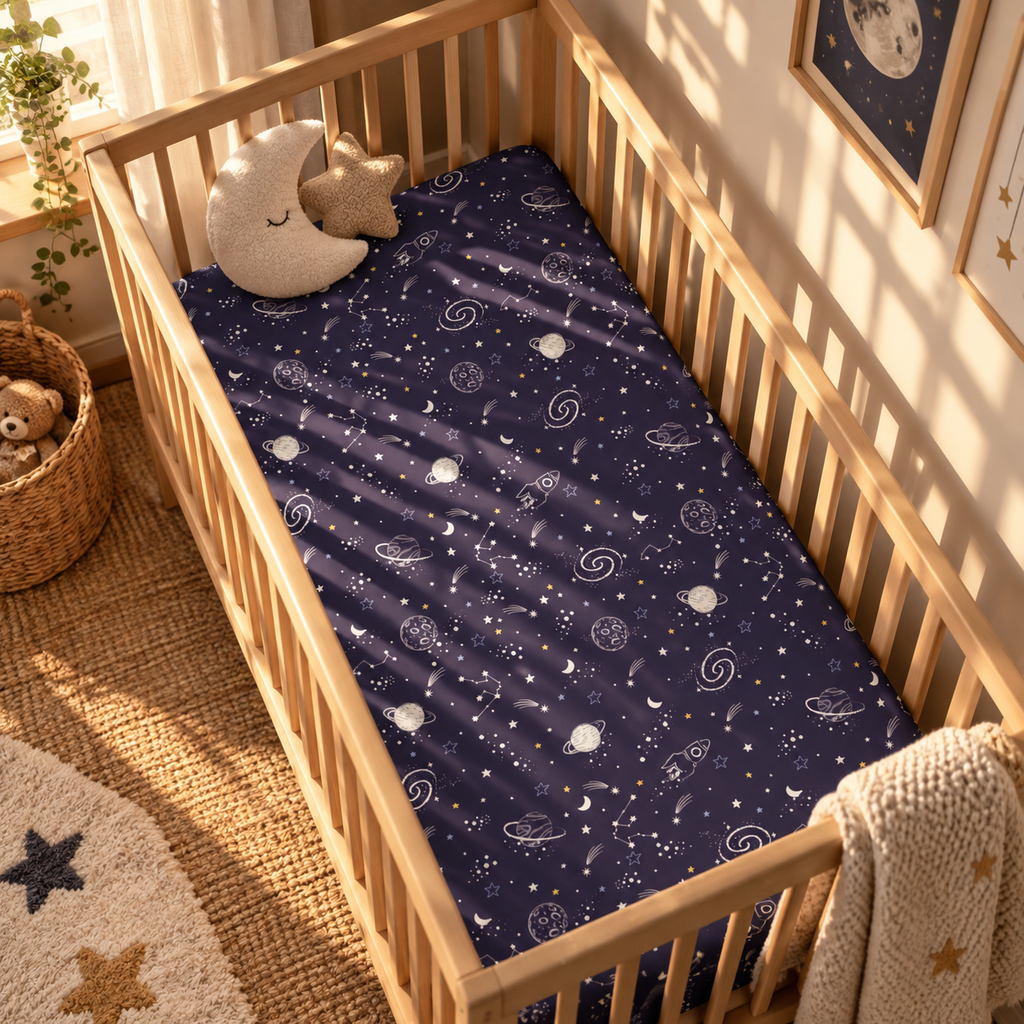 Navy Space Crib Sheet fitted in a wooden crib with a plush toy
