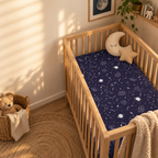 Navy Space Crib Sheet in a wooden crib in a sunlit nursery