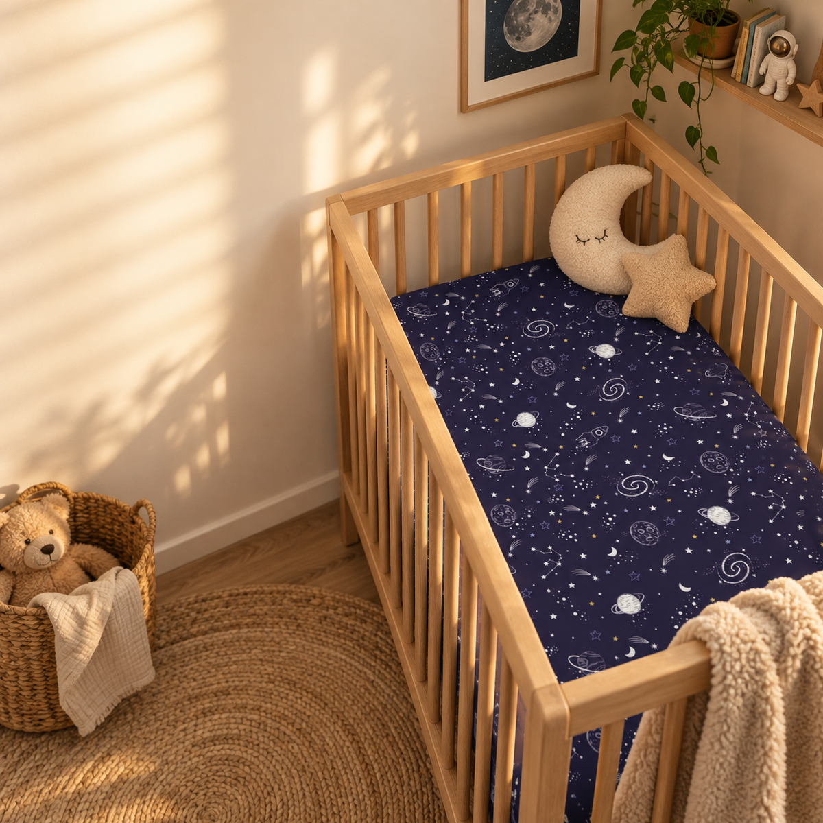 Navy Space Crib Sheet in a wooden crib in a sunlit nursery