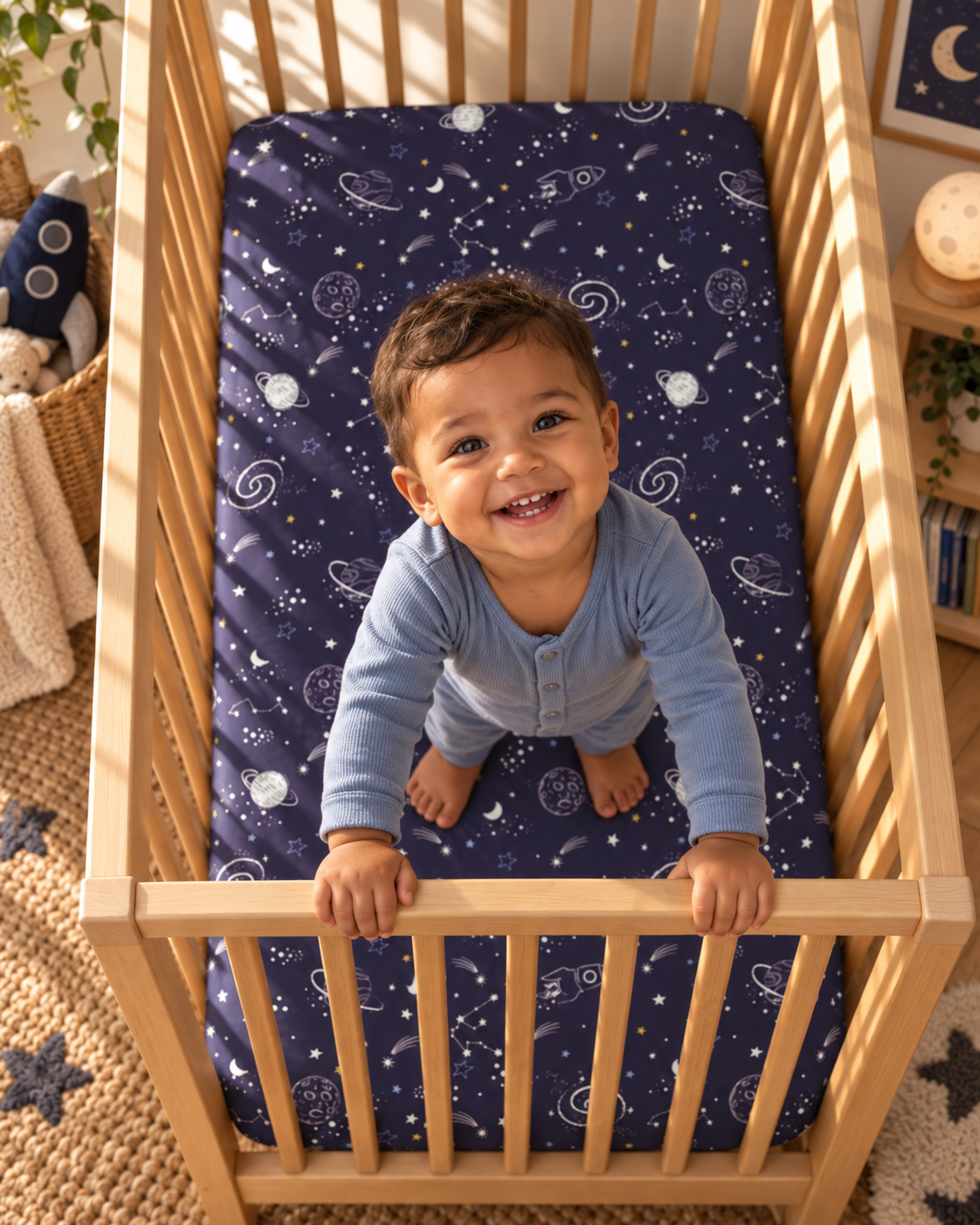 Toddler standing in a crib fitted with the Navy Space Crib Sheet