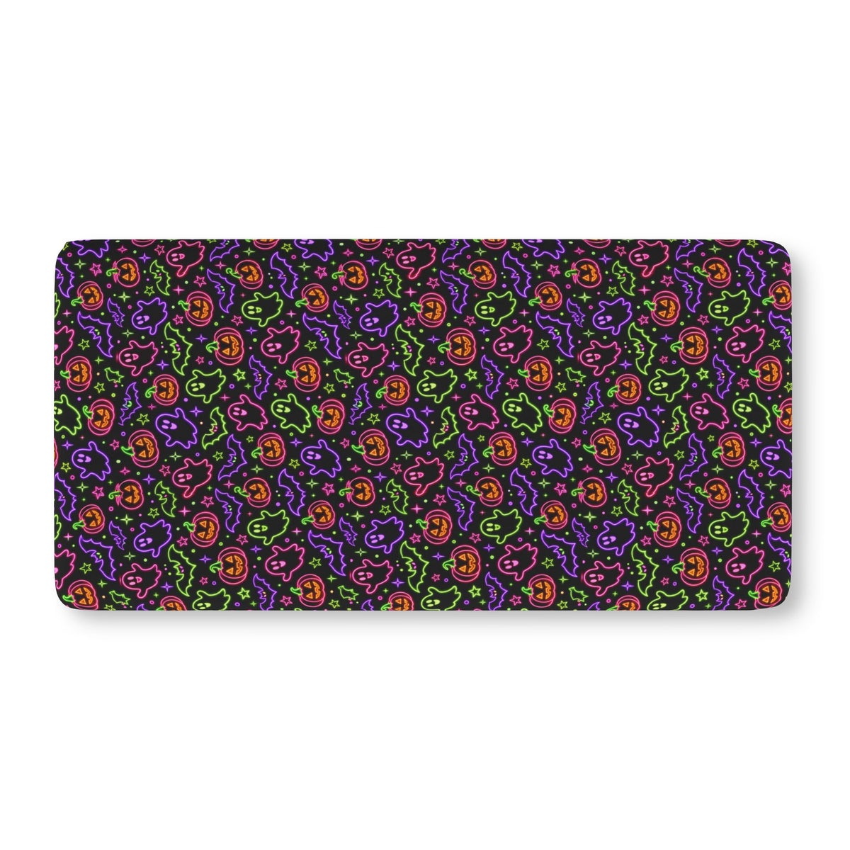 Neon Halloween Crib Sheet laid flat in Standard size with neon ghosts, pumpkins and bats on black