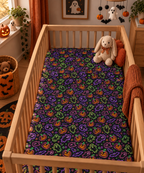 Neon Halloween Crib Sheet on a wooden crib mattress in a Halloween nursery