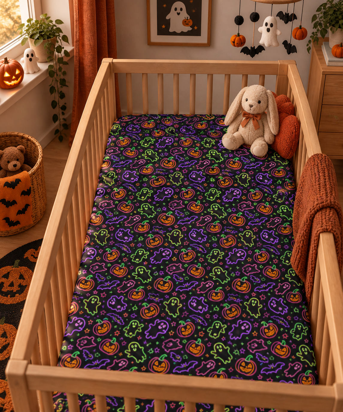 Neon Halloween Crib Sheet on a wooden crib mattress in a Halloween nursery
