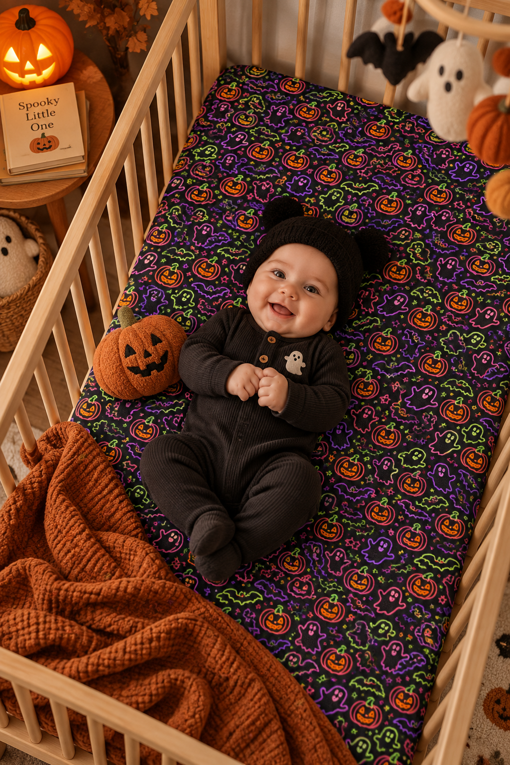 Smiling baby lying on the Neon Halloween Crib Sheet