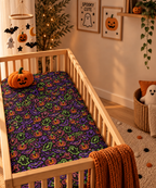 Neon Halloween Crib Sheet in a wooden crib in a sunlit nursery