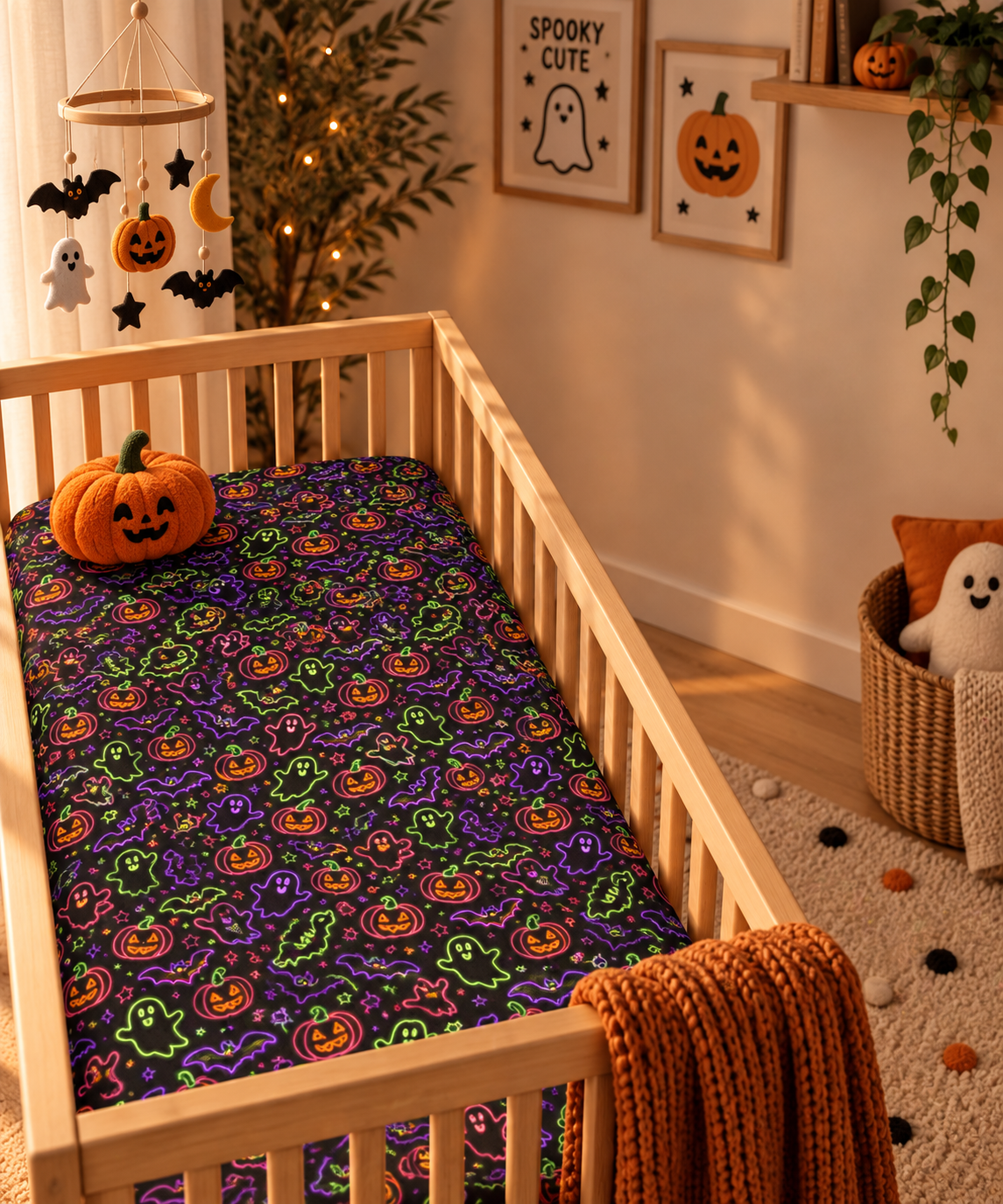 Neon Halloween Crib Sheet in a wooden crib in a sunlit nursery