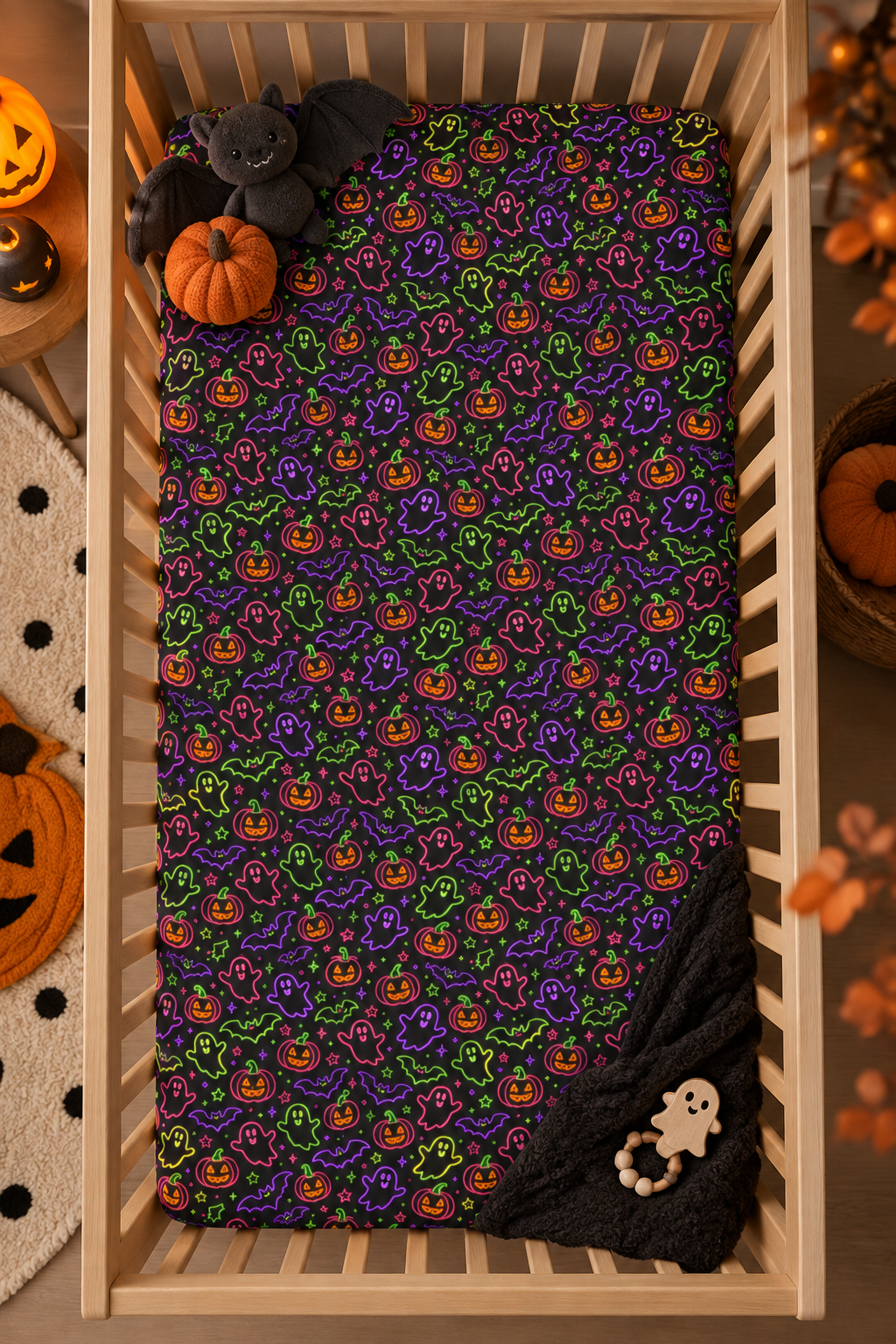 Neon Halloween Crib Sheet seen from above in a wooden crib