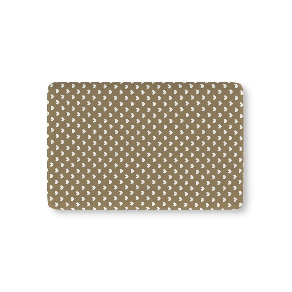 Olive Heart Crib Sheet laid flat in Mini size with white hearts on olive