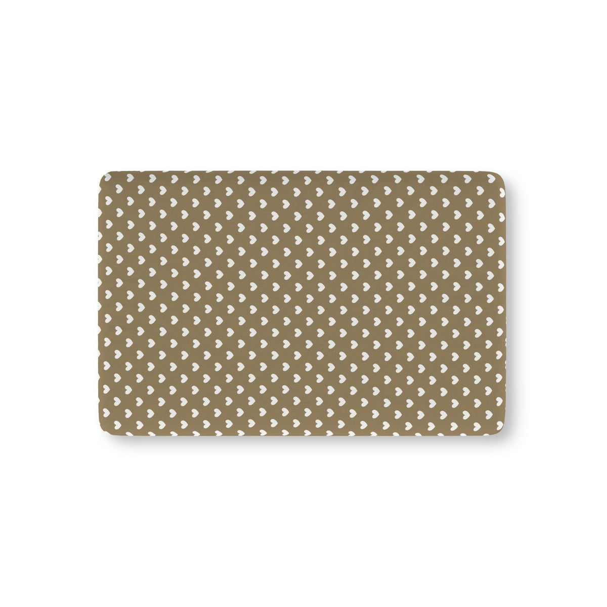 Olive Heart Crib Sheet laid flat in Mini size with white hearts on olive