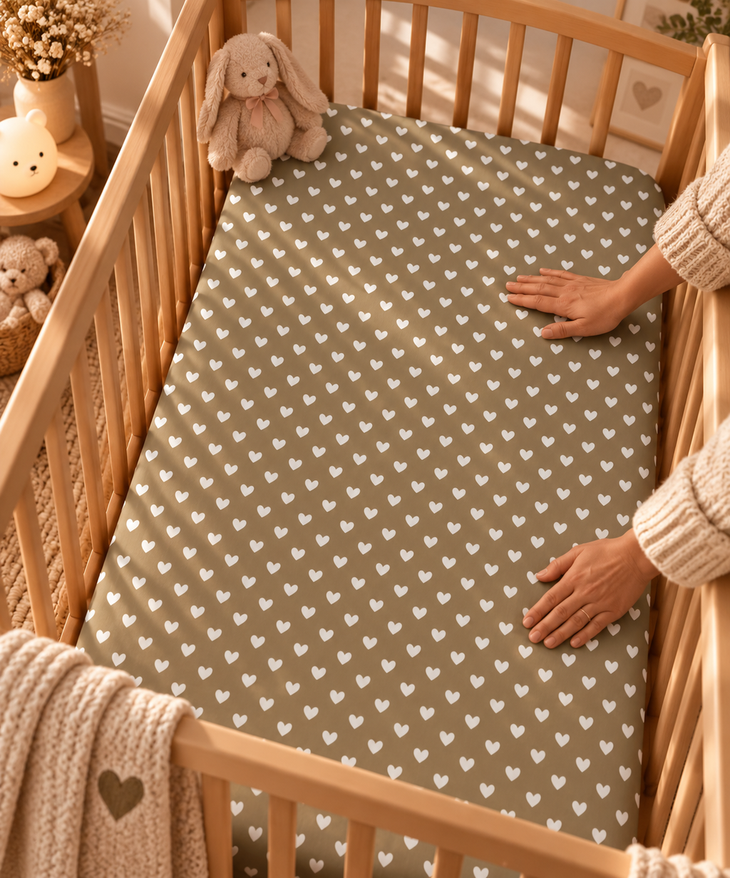 Hands smoothing the Olive Heart Crib Sheet over a crib mattress