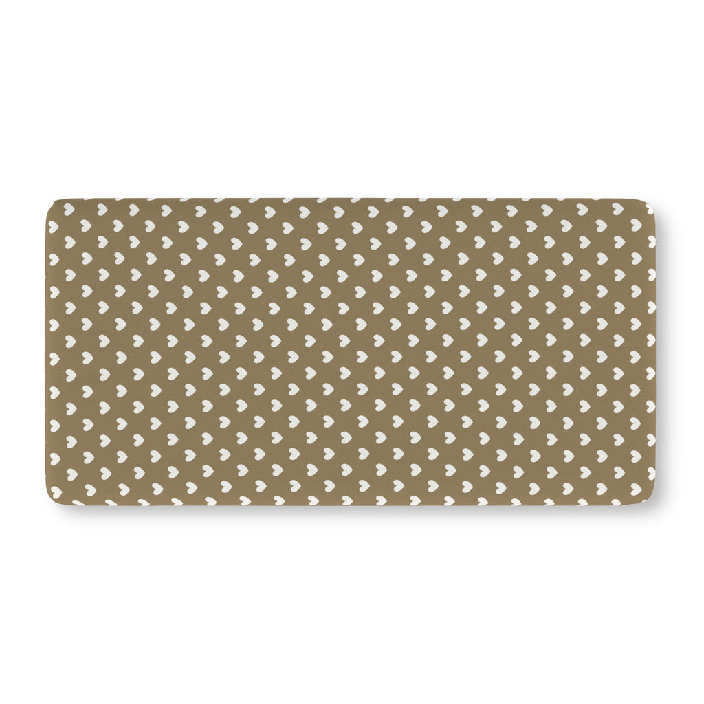 Olive Heart Crib Sheet laid flat in Standard size with white hearts on olive