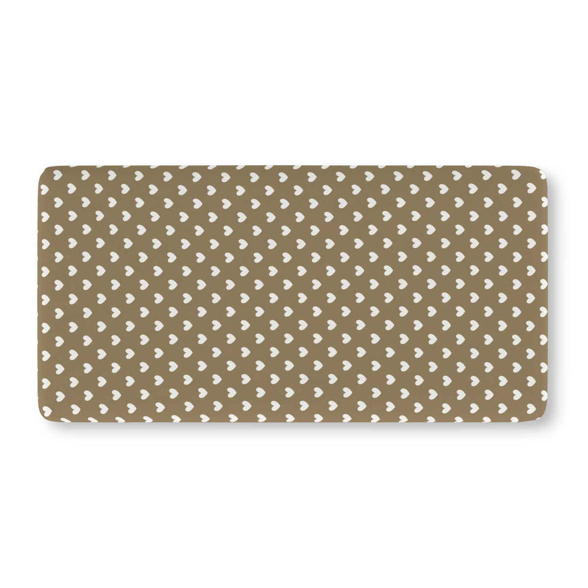 Olive Heart Crib Sheet laid flat in Standard size with white hearts on olive