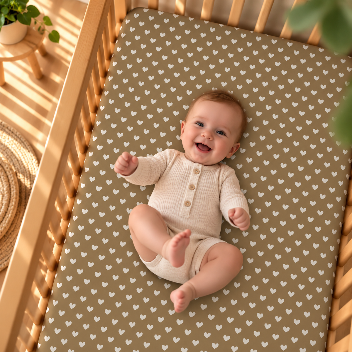 Smiling baby lying on the Olive Heart Crib Sheet