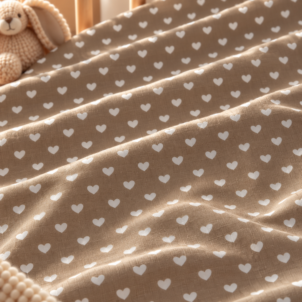 Close-up of the Olive Heart Crib Sheet fabric showing white hearts on olive