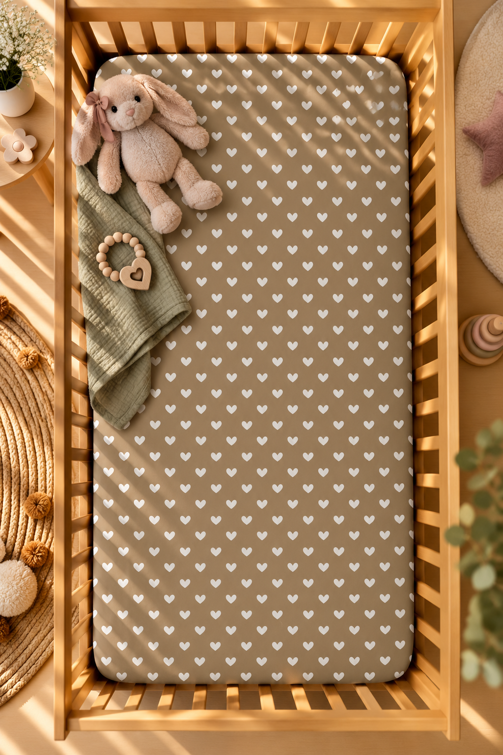 Olive Heart Crib Sheet seen from above in a wooden crib