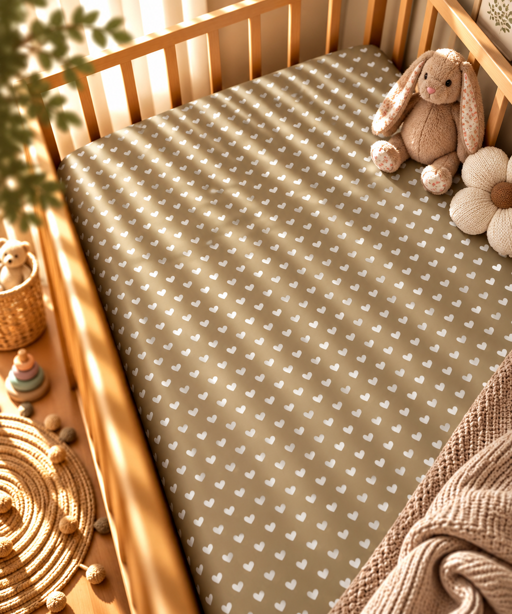 Olive Heart Crib Sheet fitted in a wooden crib with a plush toy