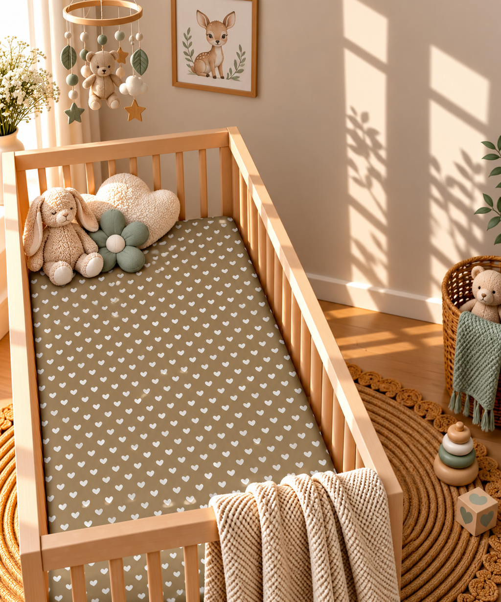 Olive Heart Crib Sheet in a wooden crib in a sunlit nursery