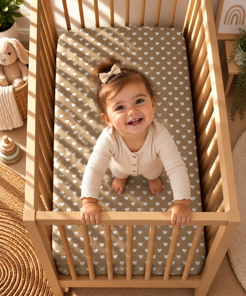 Toddler standing in a crib fitted with the Olive Heart Crib Sheet