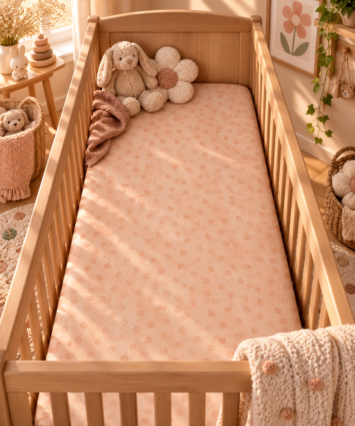 Peach Polka Dot Crib Sheet on a wooden crib mattress in a baby girl nursery