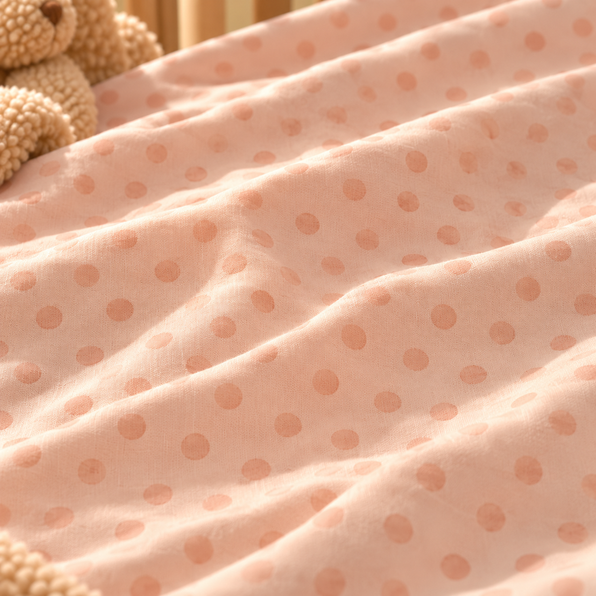 Close-up of the Peach Polka Dot Crib Sheet fabric showing watercolor dots on peach pink