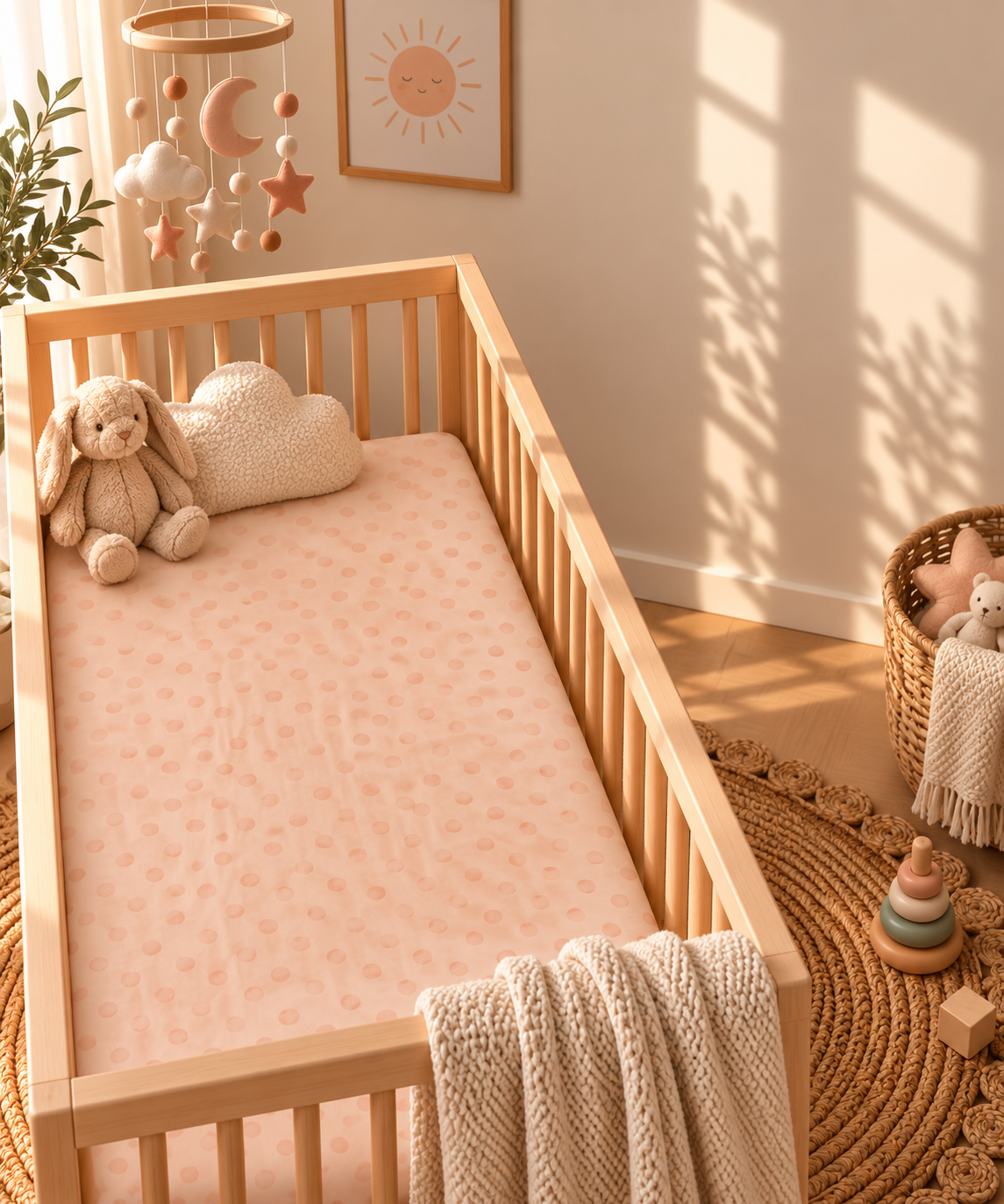 Peach Polka Dot Crib Sheet in a wooden crib in a sunlit nursery