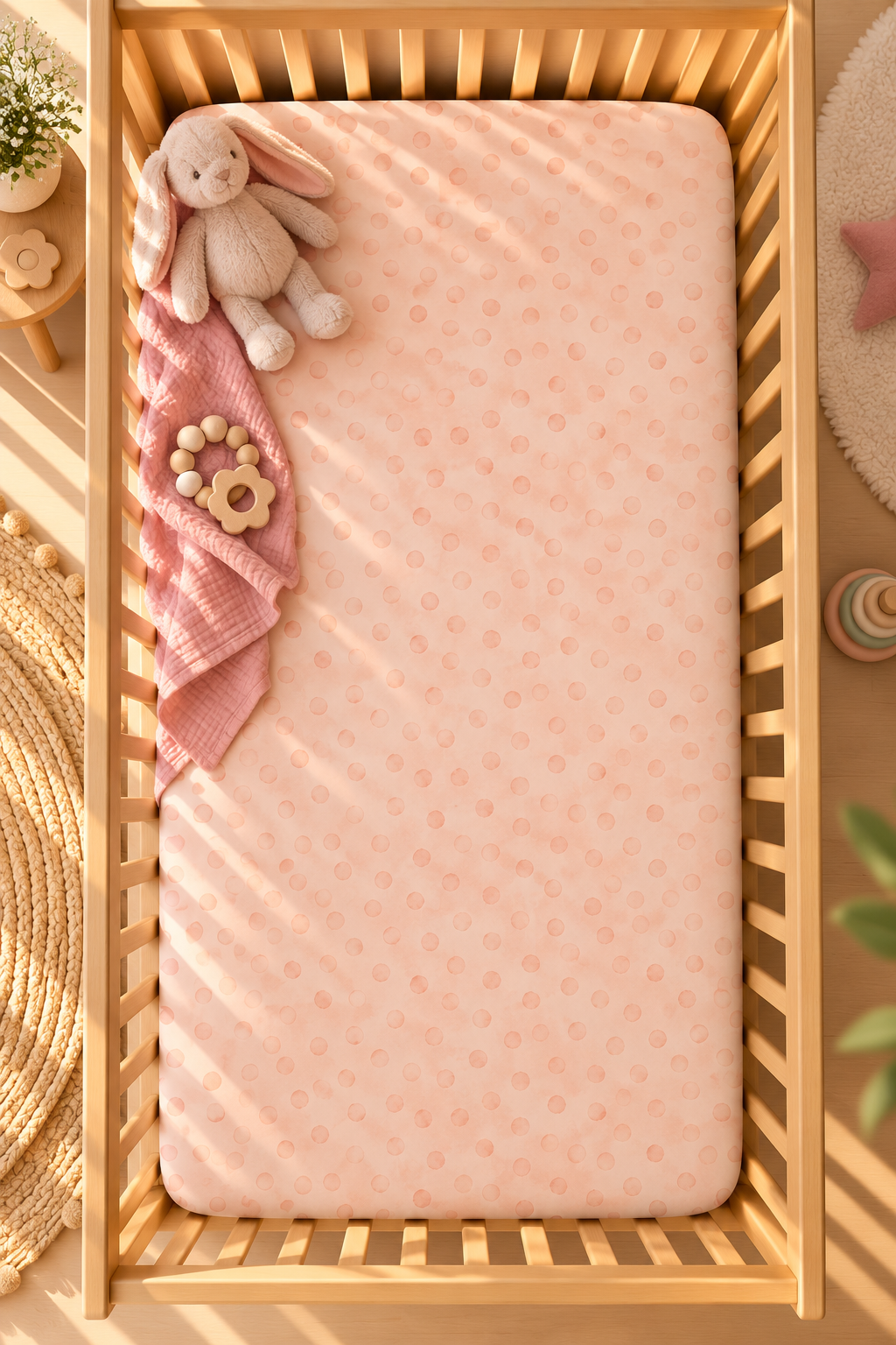 Peach Polka Dot Crib Sheet seen from above in a wooden crib