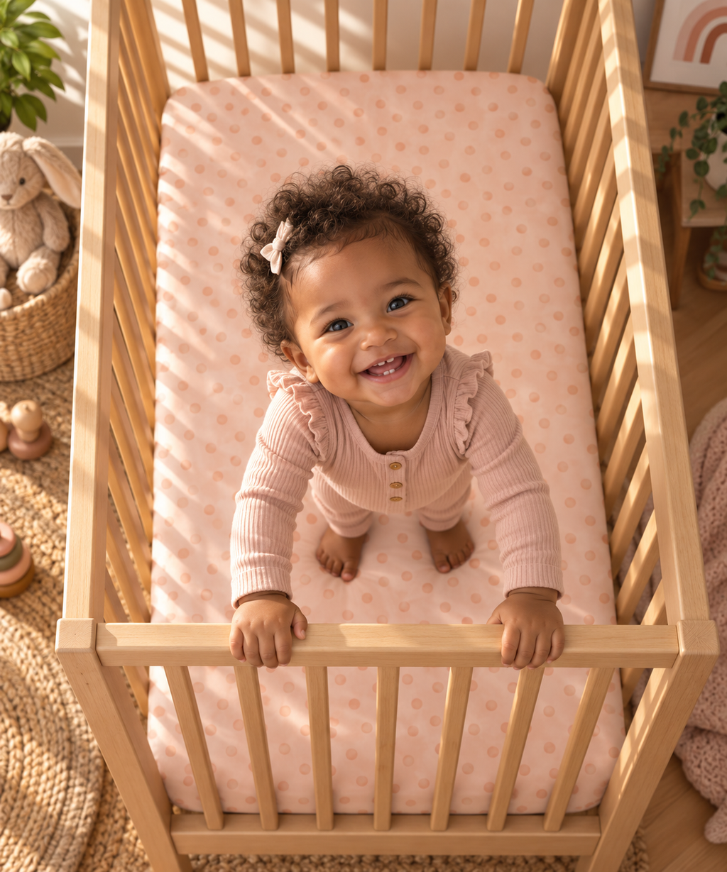Toddler standing in a crib fitted with the Peach Polka Dot Crib Sheet
