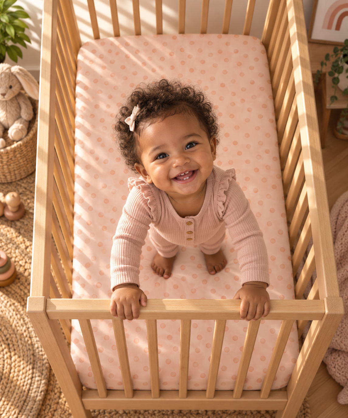 Toddler standing in a crib fitted with the Peach Polka Dot Crib Sheet