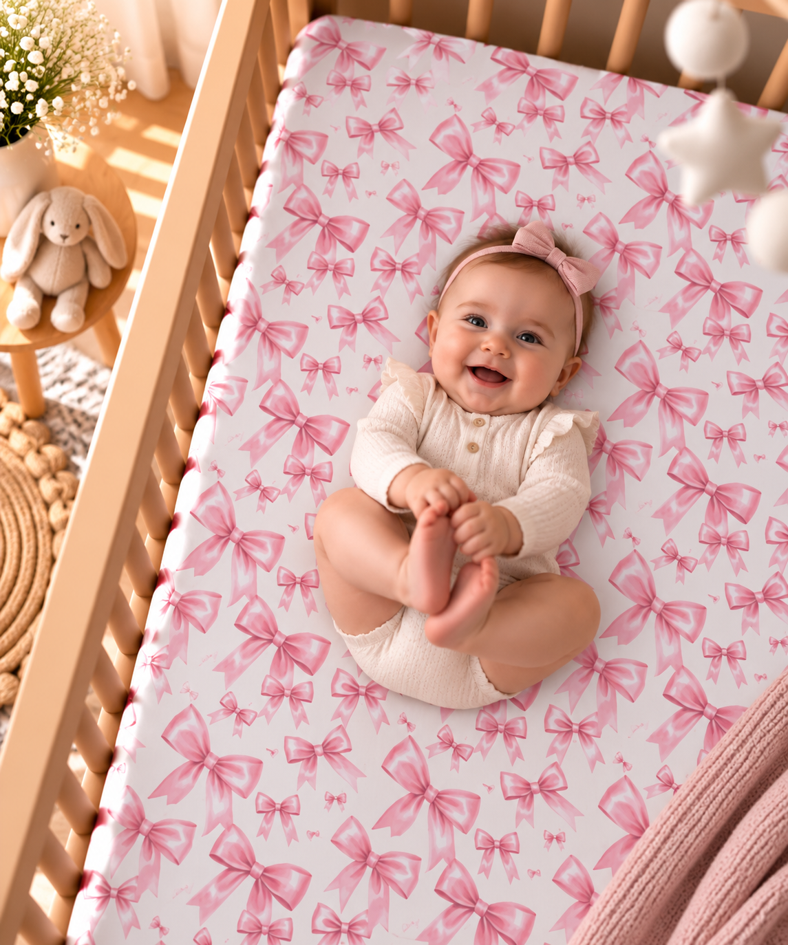Smiling baby lying on the Pink Bow Crib Sheet