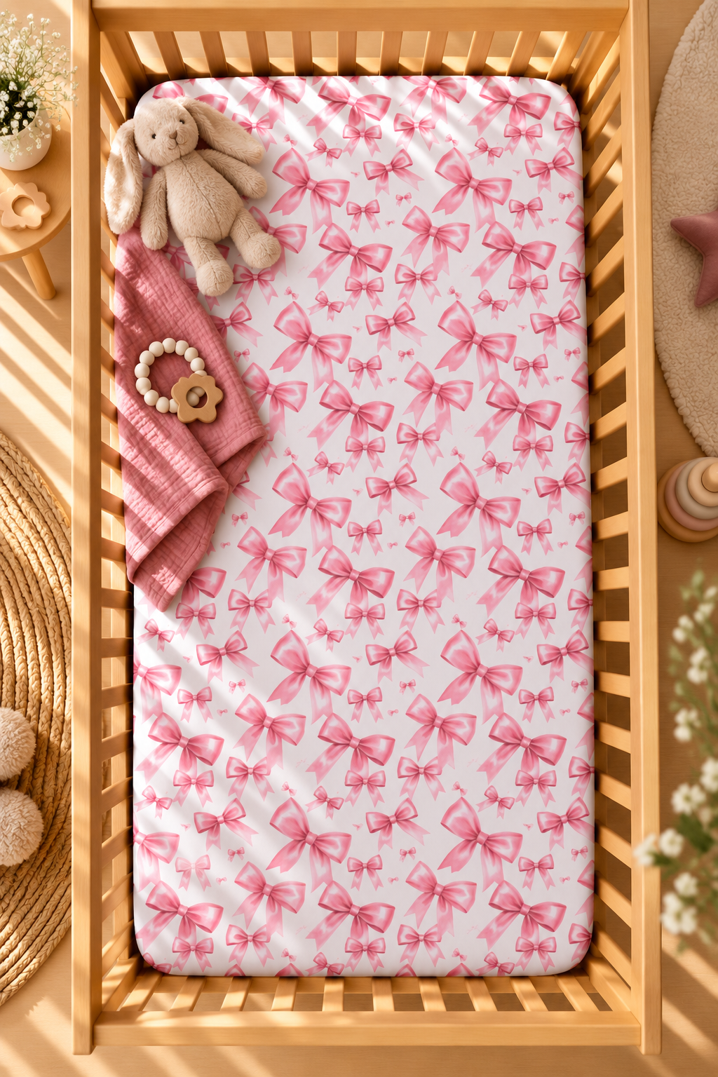 Pink Bow Crib Sheet seen from above in a wooden crib