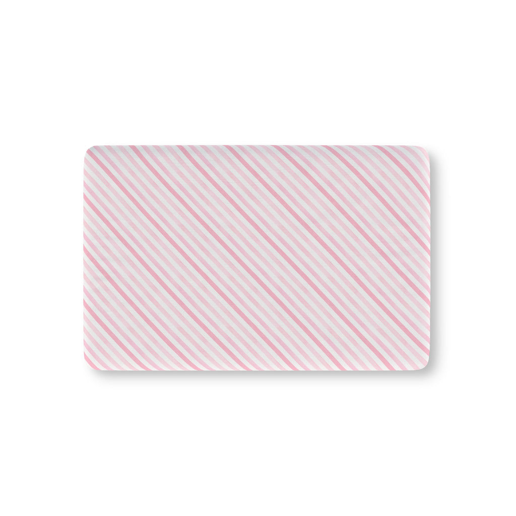Pink Candy Stripe Crib Sheet laid flat in Mini size with diagonal pink stripes on white
