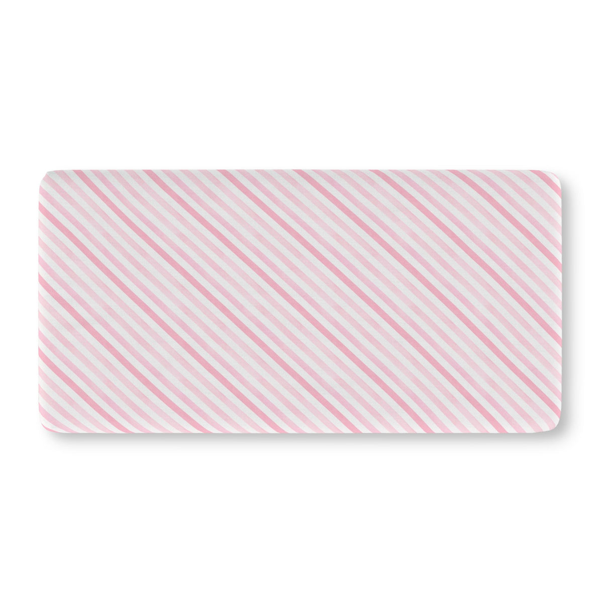Pink Candy Stripe Crib Sheet laid flat in Standard size with diagonal pink stripes on white