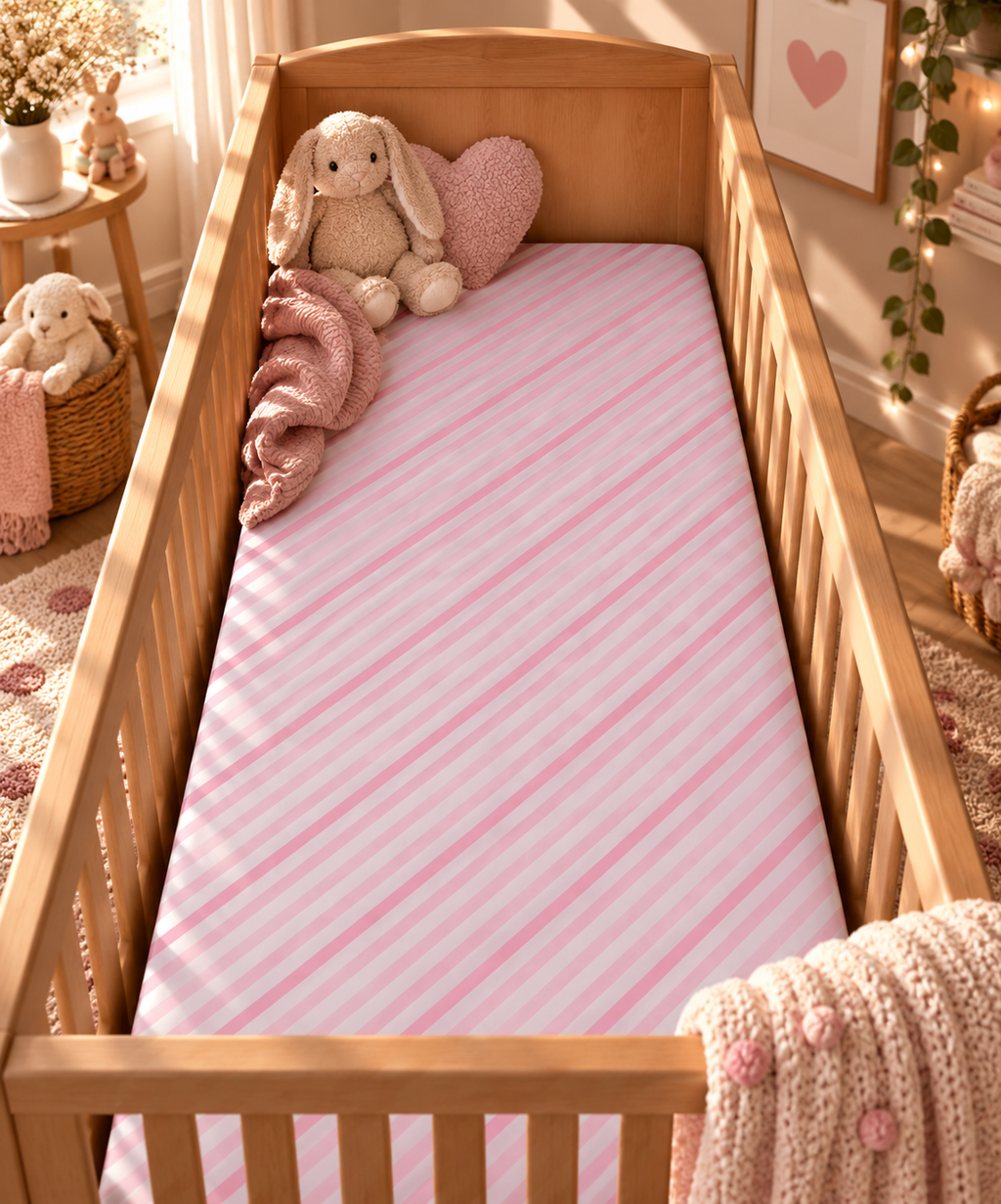 Pink Candy Stripe Crib Sheet on a wooden crib mattress in a baby girl nursery