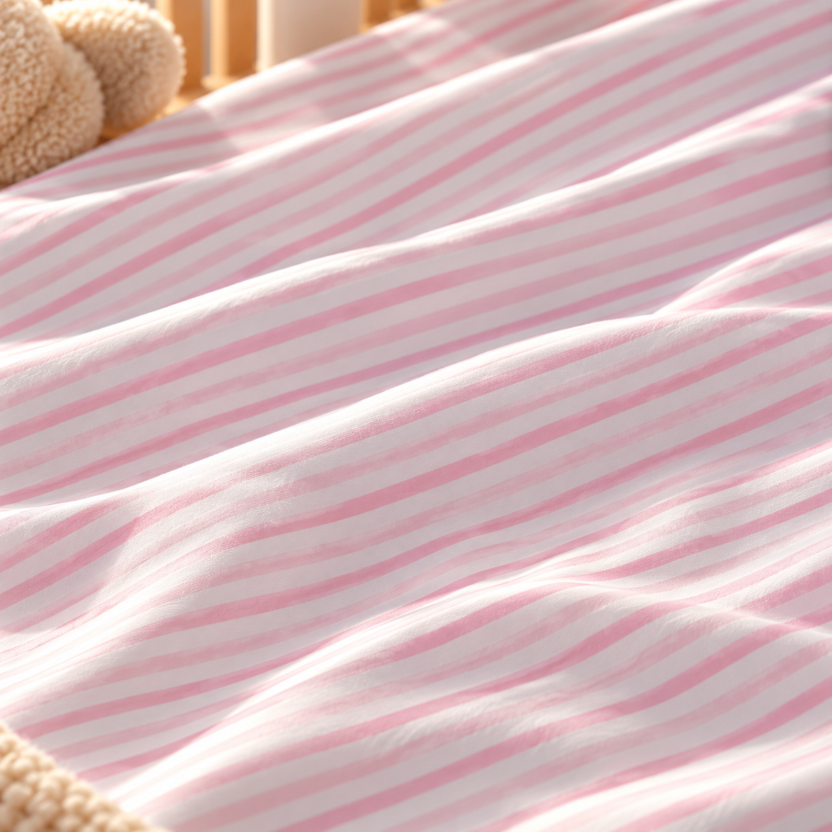 Close-up of the Pink Candy Stripe Crib Sheet fabric showing diagonal pink stripes on white