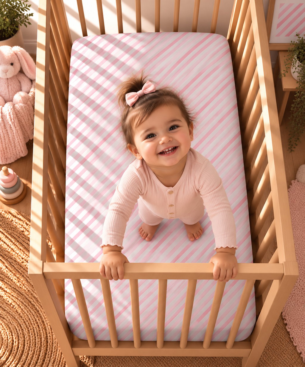 Toddler standing in a crib fitted with the Pink Candy Stripe Crib Sheet