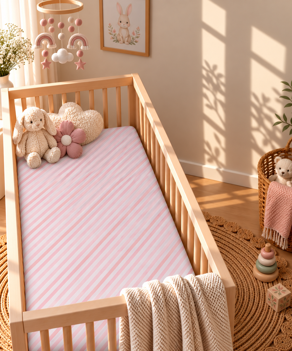 Pink Candy Stripe Crib Sheet in a wooden crib in a sunlit nursery